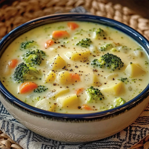 A creamy bowl of broccoli and potato soup, sprinkled with cheddar cheese and fresh herbs, served with a slice of whole-grain bread