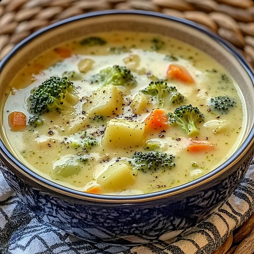 A creamy bowl of broccoli and potato soup, sprinkled with cheddar cheese and fresh herbs, served with a slice of whole-grain bread