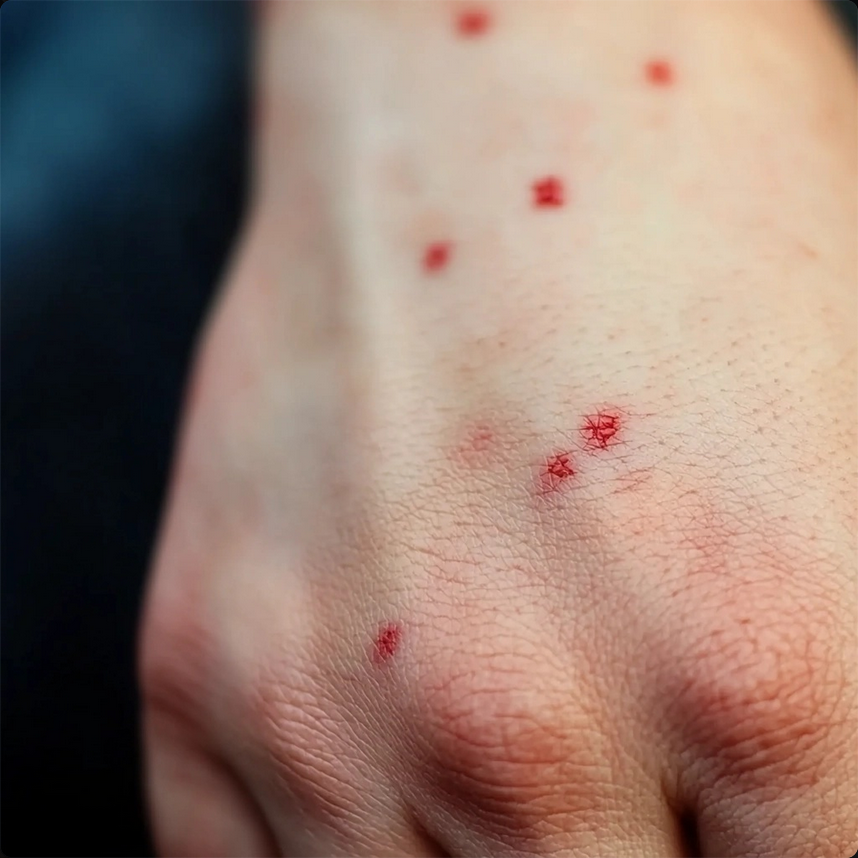 A close-up of a hand showing red spots, with healthcare tips for treatment and prevention in the background