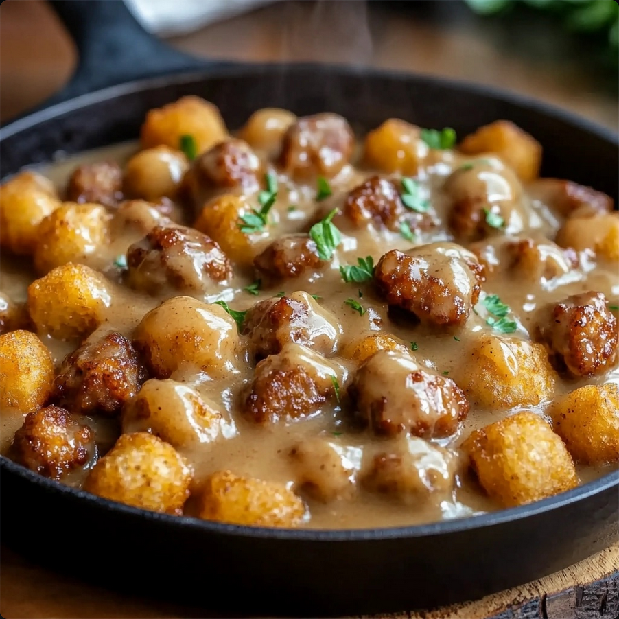 A hearty breakfast bowl filled with crispy tater tots, scrambled eggs, savory sausage, and creamy gravy, topped with chopped green onion