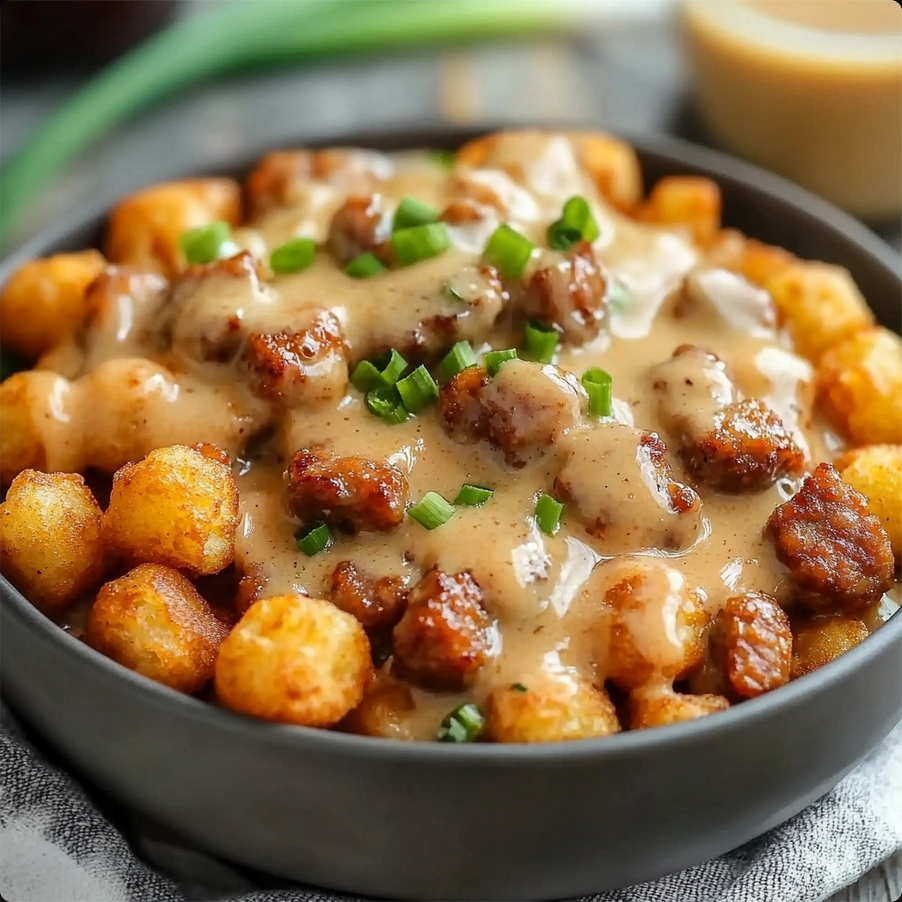 A hearty breakfast bowl filled with crispy tater tots, scrambled eggs, savory sausage, and creamy gravy, topped with chopped green onion