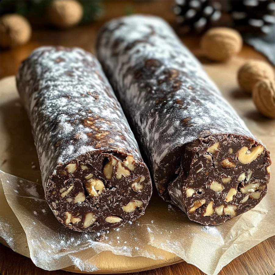 A sliced chocolate salami coated in powdered sugar, revealing pieces of cookies and walnuts inside. Perfect for parties or holiday gatherings.