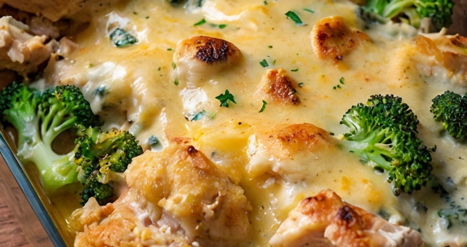 A hearty serving of chicken casserole with layers of creamy soup, tender chicken, stuffing, and broccoli, served hot from the oven