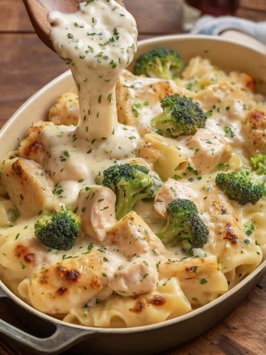 A beautifully set dinner table featuring a large baking dish of creamy chicken and broccoli pasta casserole, garnished with fresh parsley, with a salad bowl and wine glasses in the background, creating an inviting and wholesome meal scene
