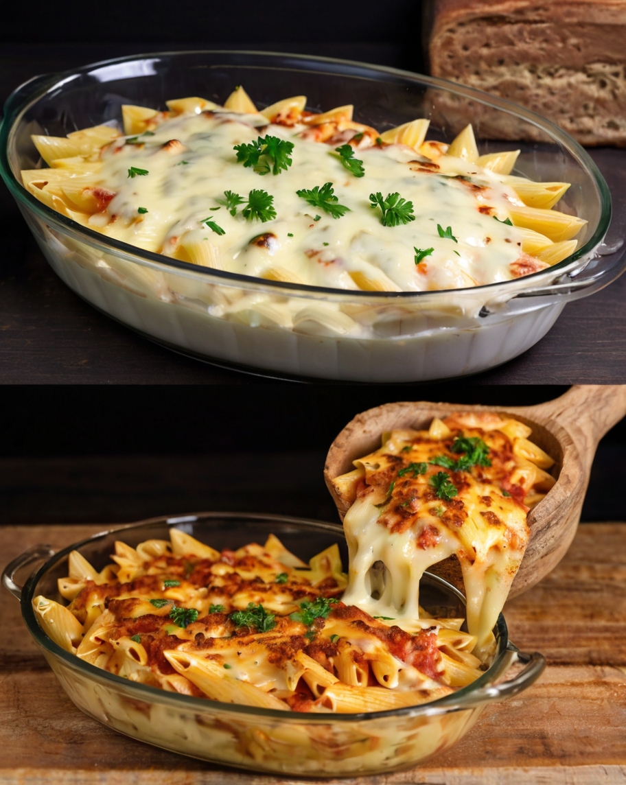 A bubbling dish of baked penne fresh from the oven, with golden mozzarella cheese and sprigs of fresh parsley. Place the dish on a rustic wooden table surrounded by garlic bread, a green salad, and a glass of red wine to evoke a cozy Italian dining experience.