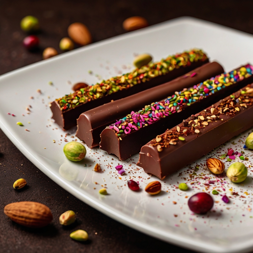 A close-up of neatly cut chocolate sticks arranged on a white platter, with vibrant toppings like crushed pistachios, colorful sprinkles, and dried cranberries. The background features a soft focus of cocoa powder and nuts for a warm, inviting aesthetic.