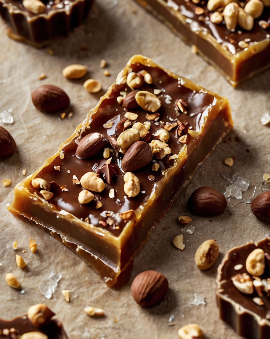 A close-up shot of golden, glossy toffee topped with a layer of smooth melted chocolate and sprinkled with chopped nuts and flaky sea salt. The toffee is broken into rustic shards, artfully arranged on a parchment-lined tray, with a hint of warm lighting to emphasize its rich, indulgent texture.