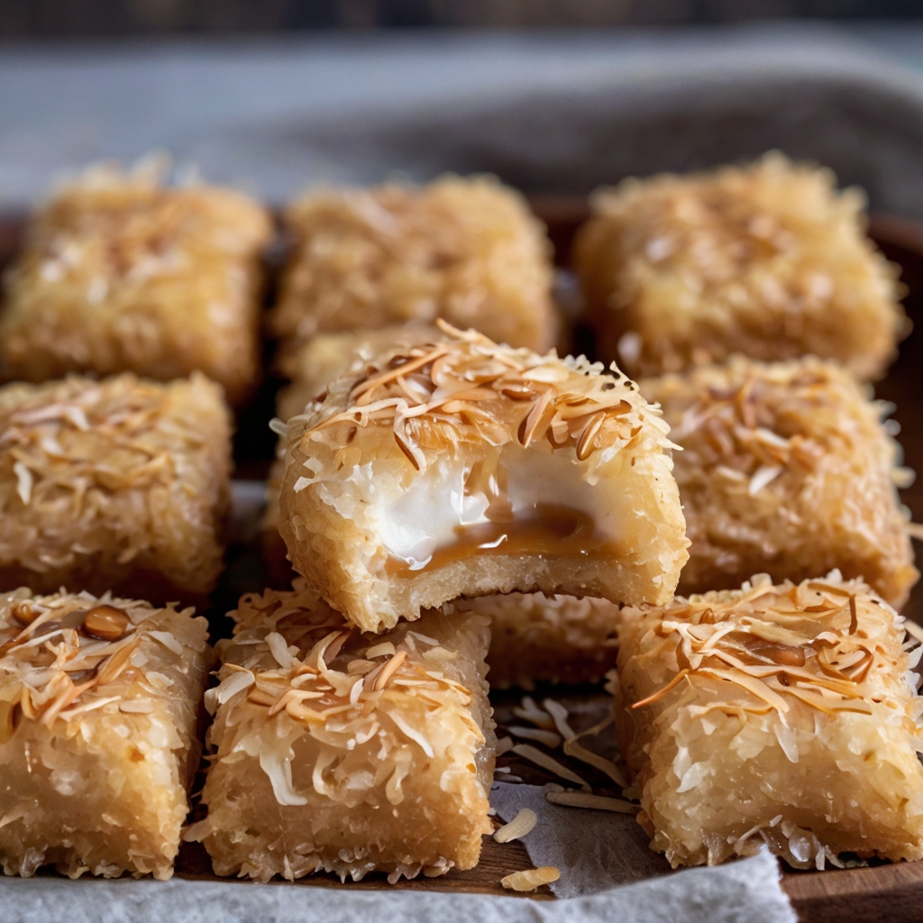 A close-up shot of golden-brown Coconut Chewies, arranged on a wooden platter, garnished with shredded coconut and a drizzle of caramel sauce. Include a soft-focus background with a cup of coffee and a sprig of mint to enhance the visual appeal