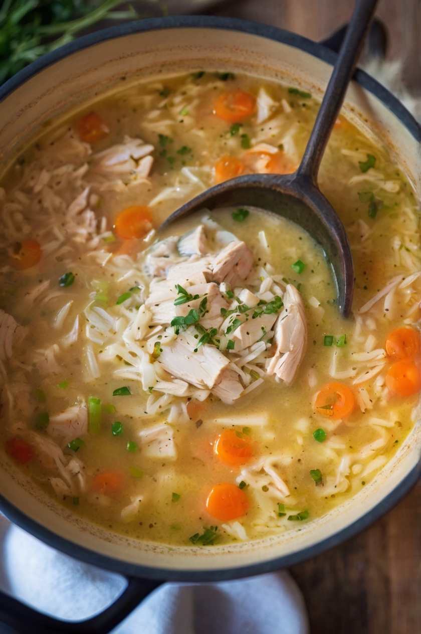 A cozy image of a bowl of chicken rice soup on a rustic table with a soft-focus background of a warm kitchen, highlighting the homey and comforting nature of the dish