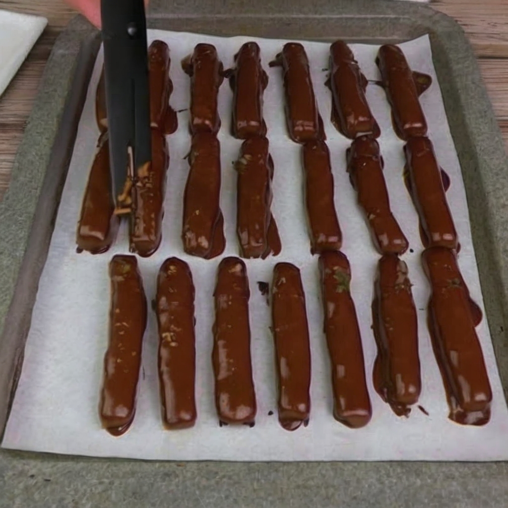 A close-up of neatly cut chocolate sticks arranged on a white platter, with vibrant toppings like crushed pistachios, colorful sprinkles, and dried cranberries. The background features a soft focus of cocoa powder and nuts for a warm, inviting aesthetic.