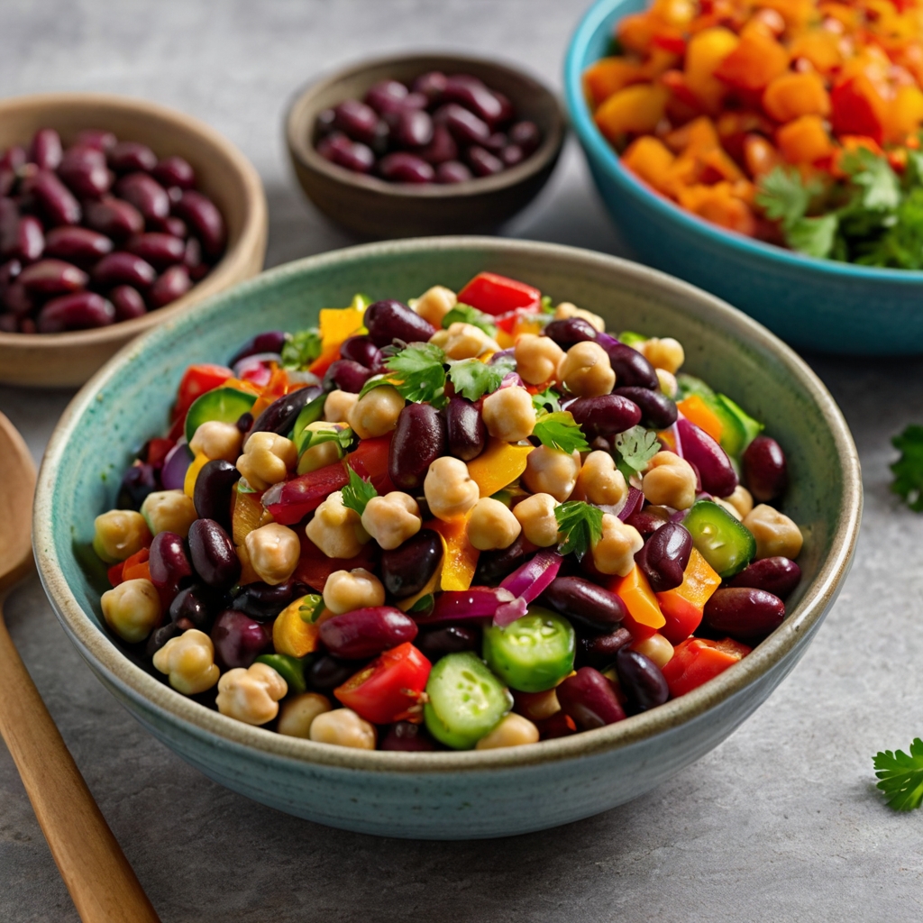 A vibrant plate of bean salad featuring kidney beans, chickpeas, and black beans mixed with diced vegetables like bell peppers, cucumbers, and red onions. The background includes a bowl of dried beans and a sprinkle of fresh herbs, highlighting their versatility and health benefits.