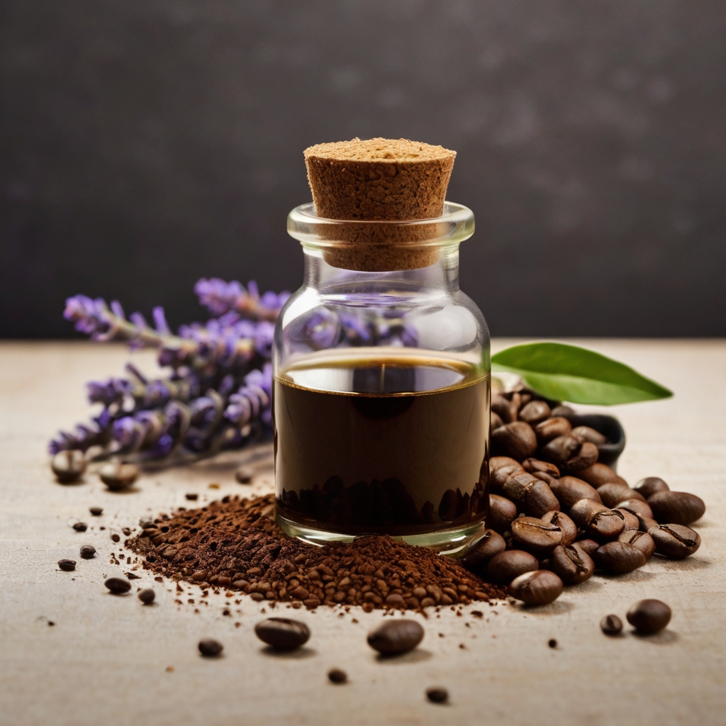 A visually appealing image featuring a small glass jar of homemade coffee oil, surrounded by coffee beans, a scoop of coffee grounds, and a few sprigs of lavender for added elegance. The jar should be placed on a clean white or wooden surface with natural lighting to highlight its golden-brown hue.