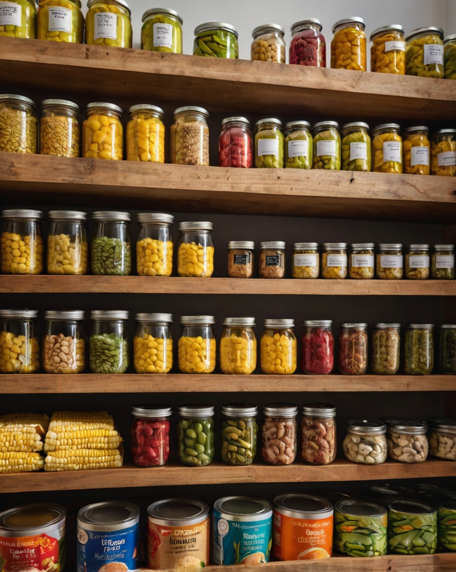 A visually appealing image of a pantry shelf stocked with canned goods like corn, green beans, and tuna, organized neatly with labels facing forward. The background should feature a clean, minimalist kitchen with natural light, emphasizing a healthy and sustainable lifestyle.