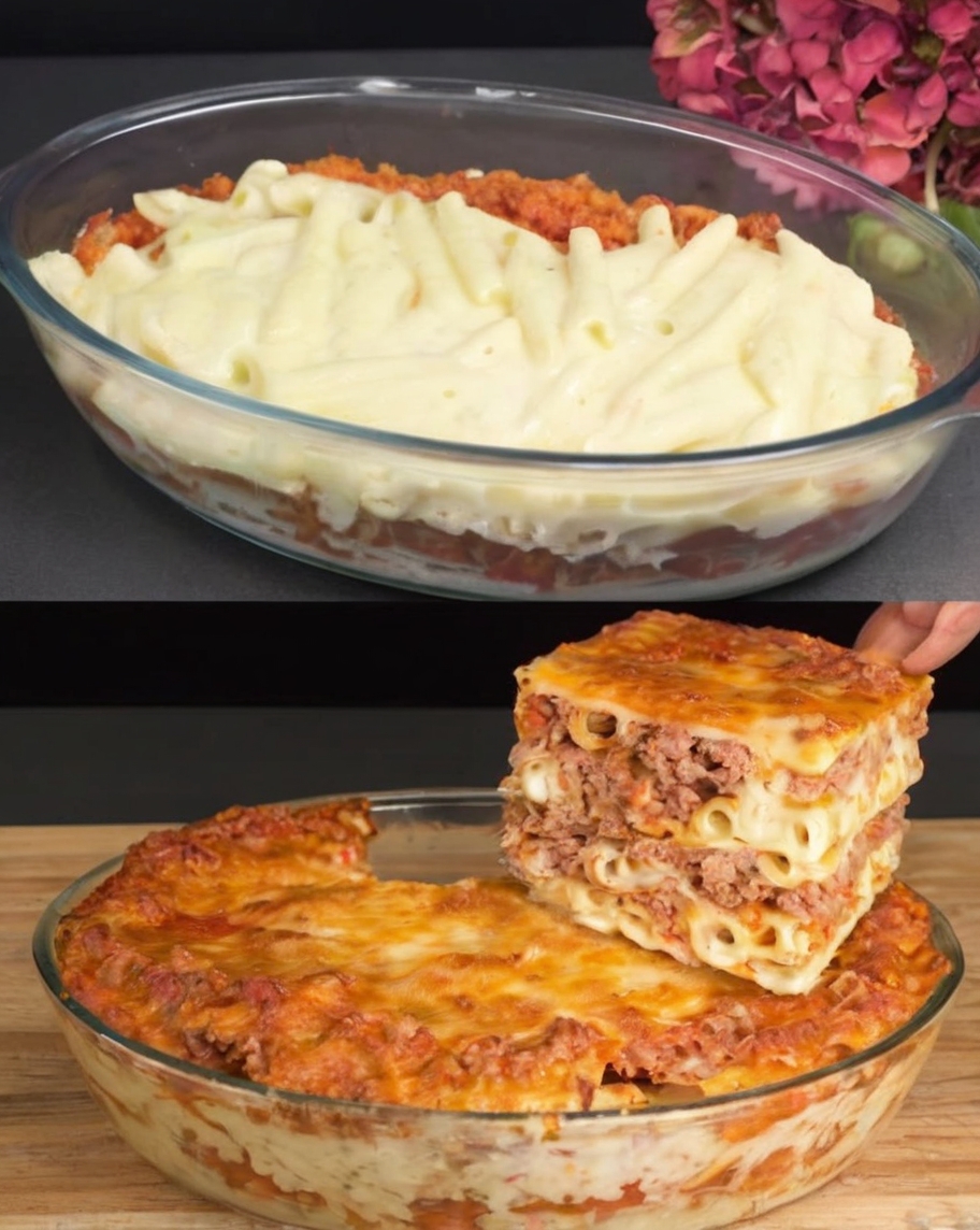 A bubbling dish of baked penne fresh from the oven, with golden mozzarella cheese and sprigs of fresh parsley. Place the dish on a rustic wooden table surrounded by garlic bread, a green salad, and a glass of red wine to evoke a cozy Italian dining experience.