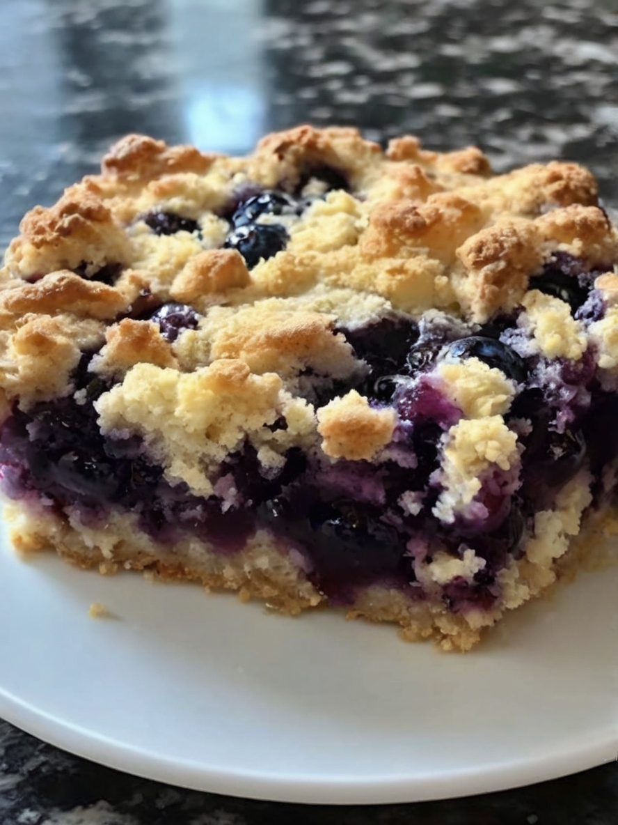 A beautifully styled photograph of a slice of Buttermilk Blueberry Breakfast Cake on a rustic plate with a background of fresh blueberries scattered around, suggesting freshness and homemade appeal