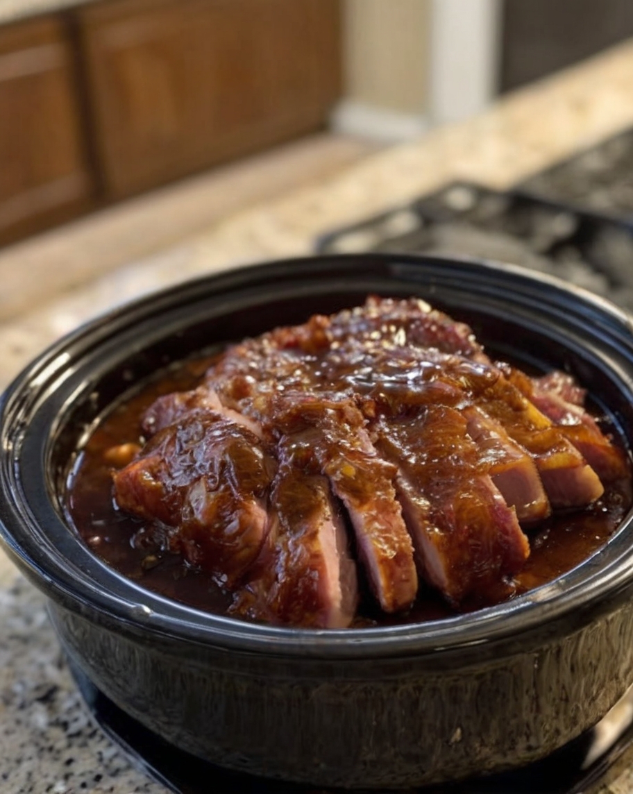 Amish Christmas Ham glistening with a sweet and spicy glaze in a slow cooker, surrounded by festive decorations, showcasing the tender slices ready to be served