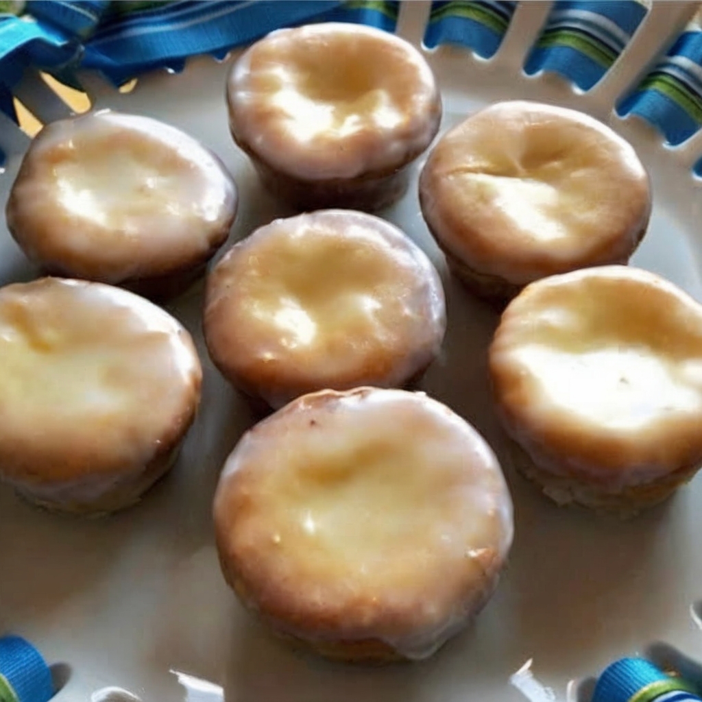 A close-up of a plate of glossy Lemon Blossoms arranged neatly, with a few fresh lemon slices and a sprinkle of lemon zest on the side, capturing their golden color and smooth, shiny glaze