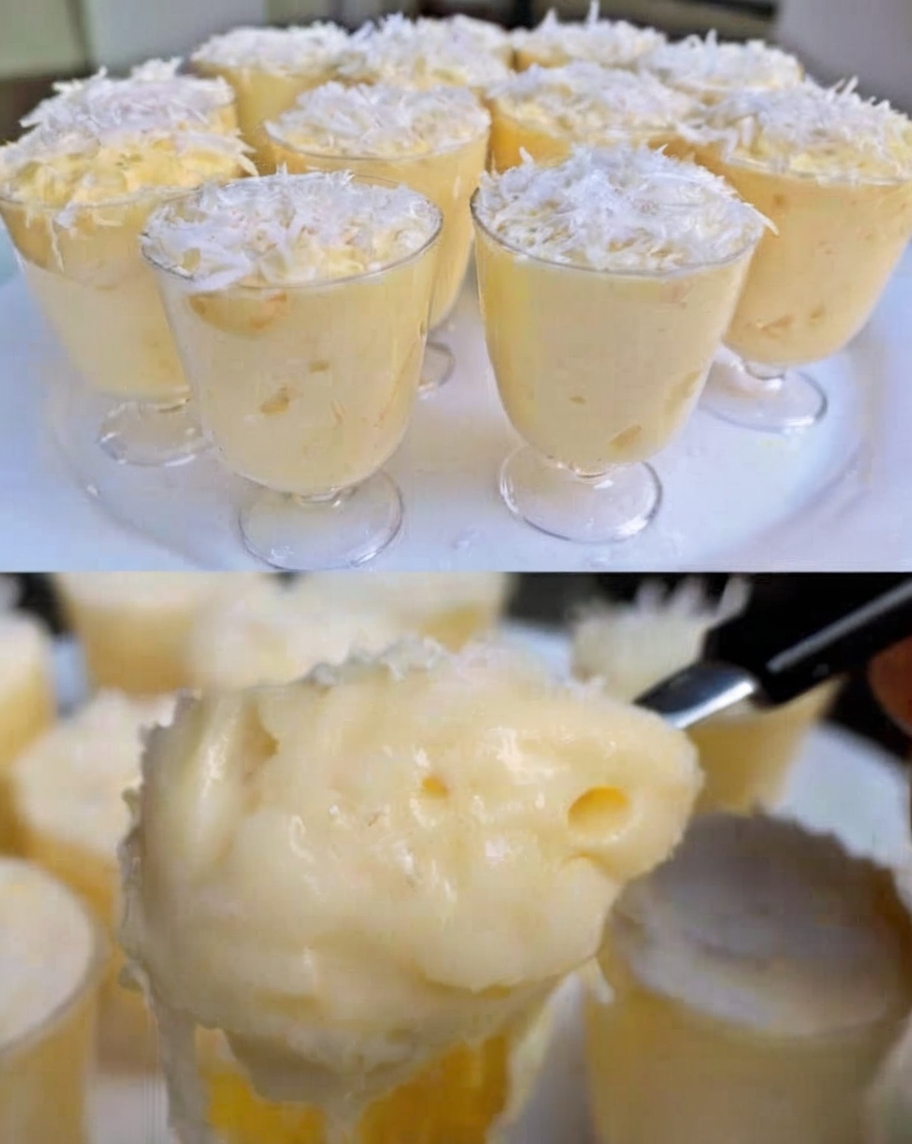 Lush coconut dessert in a clear bowl, topped with a sprinkle of fresh grated coconut, set against a tropical-themed backdrop, highlighting the dessert's creamy texture and inviting aroma