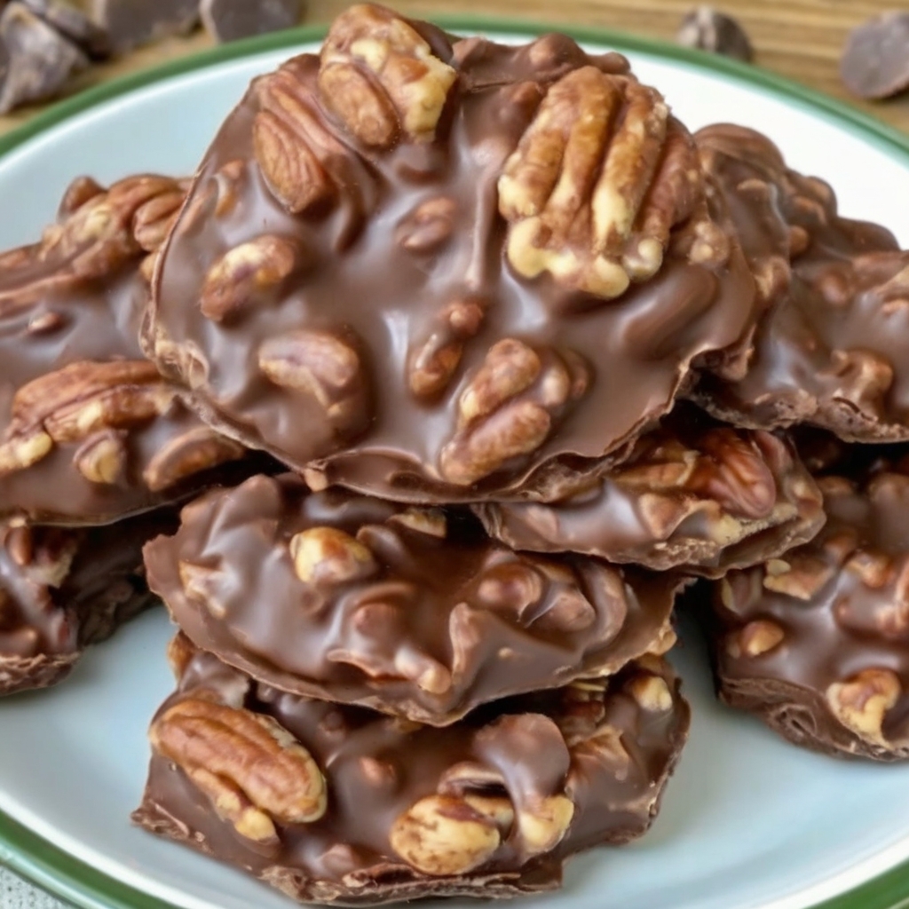 Close-up of homemade Chocolate Pecan Turtle Clusters arranged on a decorative plate, showcasing the glossy chocolate coating, caramel, and toasted pecans with a sprinkle of sea salt for an elegant finish