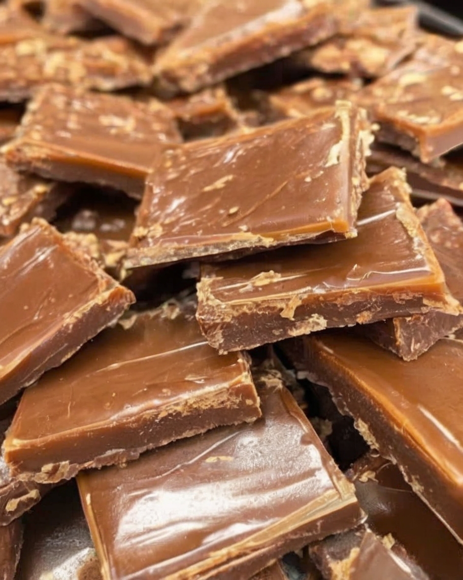 A close-up shot of golden, glossy toffee topped with a layer of smooth melted chocolate and sprinkled with chopped nuts and flaky sea salt. The toffee is broken into rustic shards, artfully arranged on a parchment-lined tray, with a hint of warm lighting to emphasize its rich, indulgent texture.