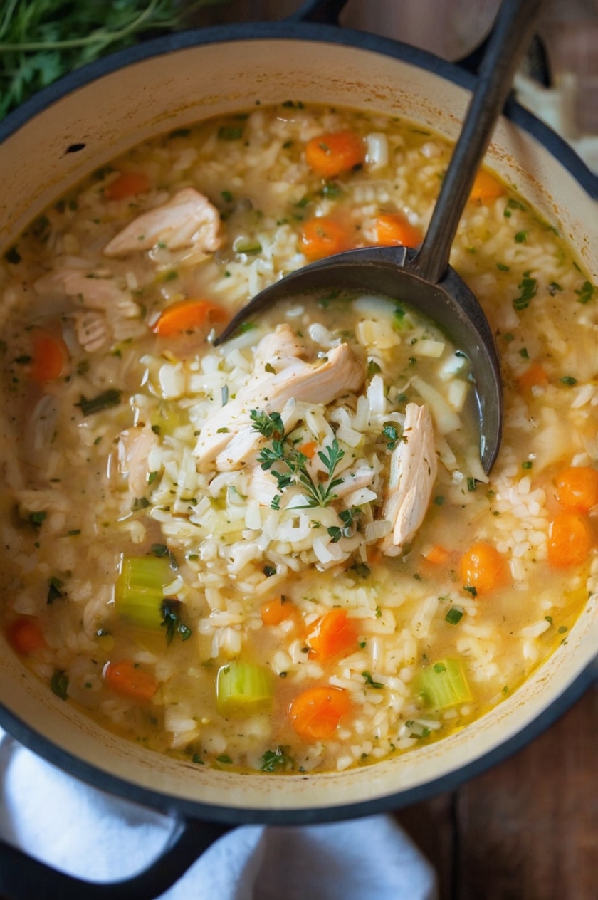 A cozy image of a bowl of chicken rice soup on a rustic table with a soft-focus background of a warm kitchen, highlighting the homey and comforting nature of the dish