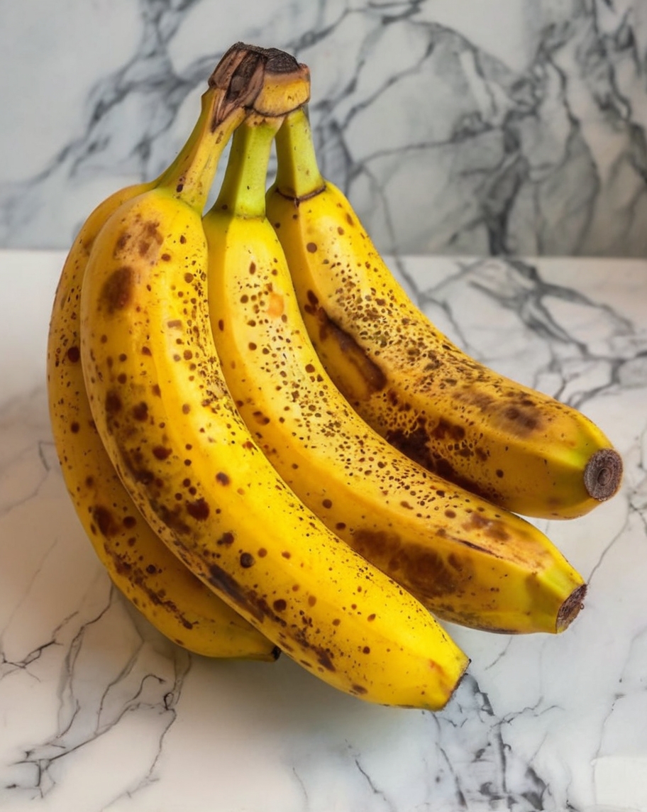 A vibrant, close-up image of a peeled ripe banana with brown spots on its yellow peel, resting on a wooden cutting board alongside a bowl of sliced bananas. The background features ingredients like a glass of almond milk, a handful of nuts, and a drizzle of honey, suggesting versatile ways to incorporate bananas into meals