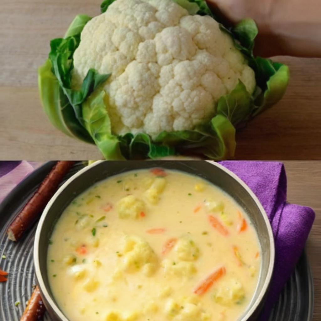A bowl of creamy cauliflower, leek, and cheddar soup topped with freshly shredded cheddar and garnished with parsley, accompanied by a slice of rustic bread