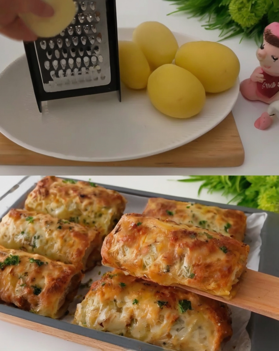 A rustic casserole dish filled with bubbling layers of golden, cheesy potatoes and savory chicken, garnished with freshly chopped parsley. Surround the dish with a side of fresh green salad and crusty garlic bread for a cozy, appetizing presentation.