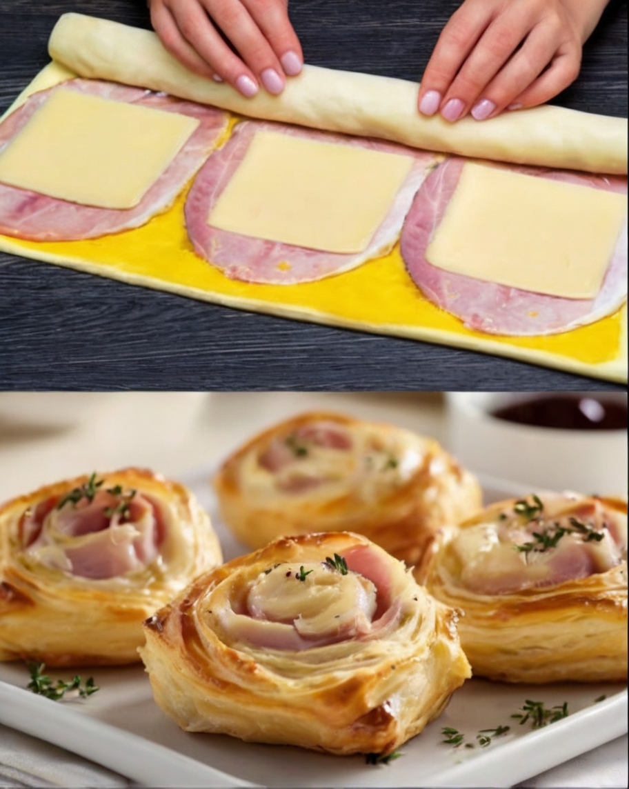 A tray of golden-brown Cheese and Ham Swirl Pastries fresh out of the oven, garnished with parsley. Place the tray on a rustic wooden table with a small bowl of Dijon mustard and a cup of coffee in the background for added warmth and appeal.