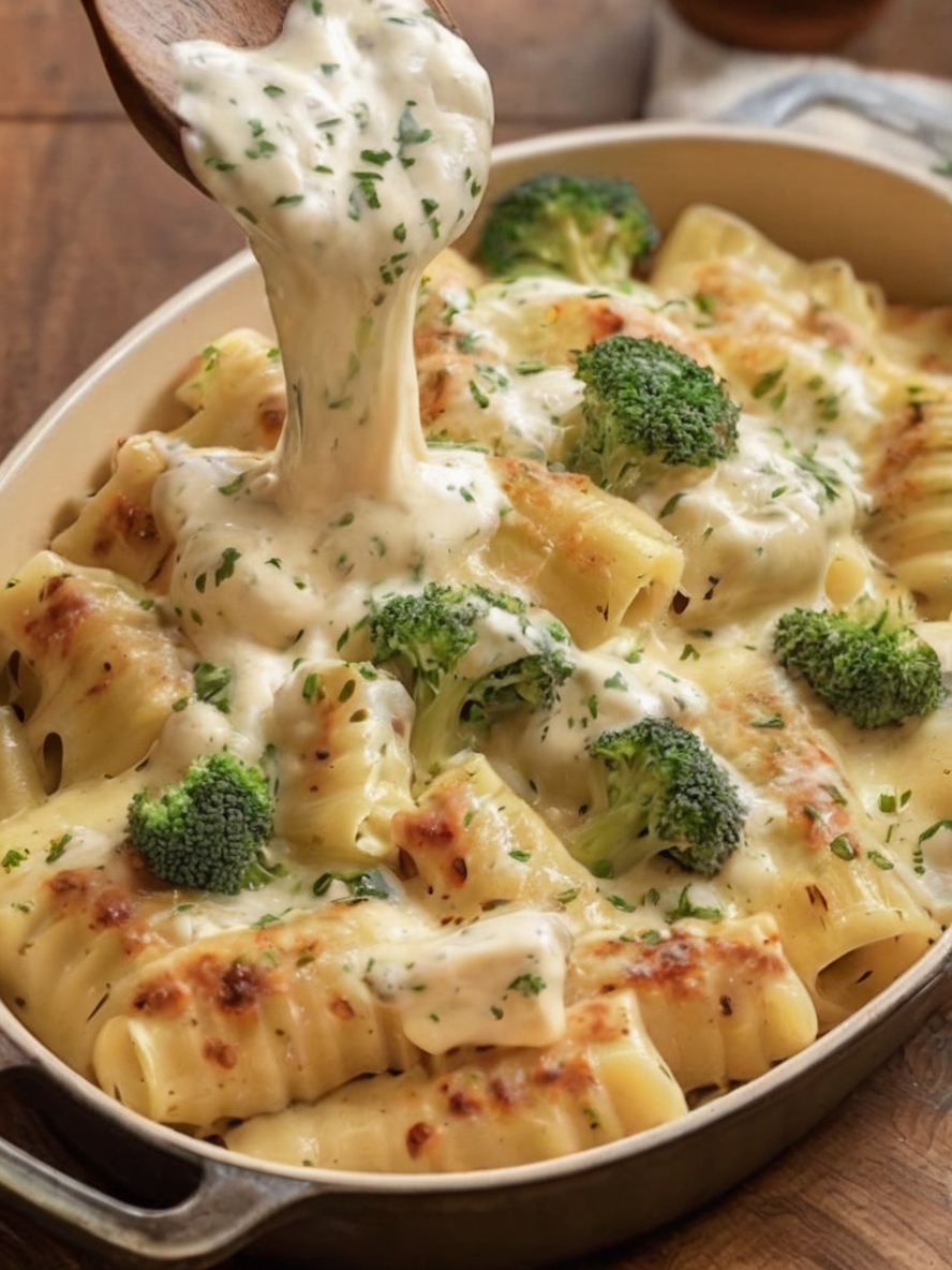 A beautifully set dinner table featuring a large baking dish of creamy chicken and broccoli pasta casserole, garnished with fresh parsley, with a salad bowl and wine glasses in the background, creating an inviting and wholesome meal scene