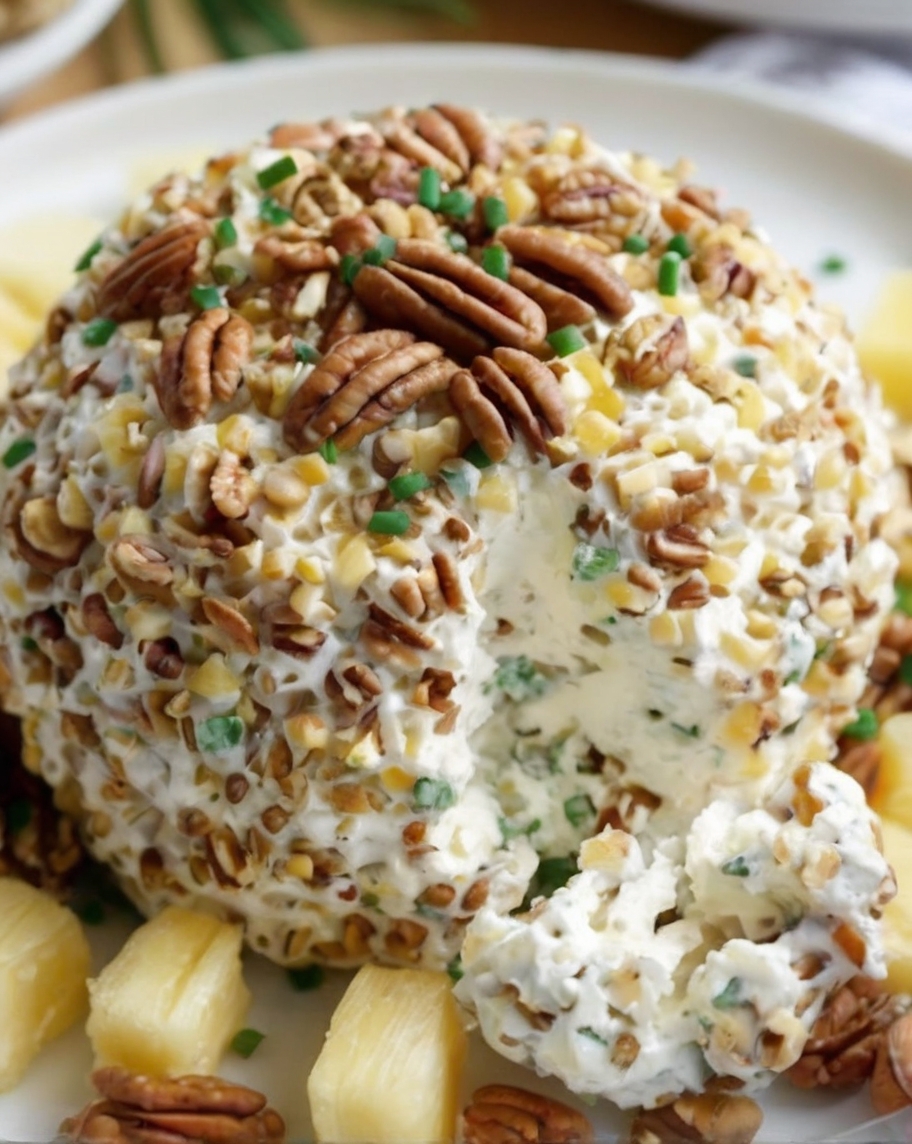 Deliciously creamy Pineapple Cheeseball rolled in chopped nuts, served on a festive platter surrounded by assorted crackers, perfect for holiday entertaining