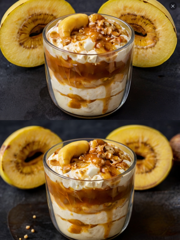 A beautifully layered Banana Foster Dessert in a glass cup, with creamy banana pudding on the bottom, topped with golden-brown caramelized bananas, glistening with a rich, syrupy sauce. Fresh banana slices and a hint of caramel sauce drizzle down the sides, creating a tempting and elegant presentation. The dessert is set against a cozy, rustic background with whole bananas, a small pitcher of caramel sauce, and a sprinkle of cinnamon, making it look inviting and delicious.