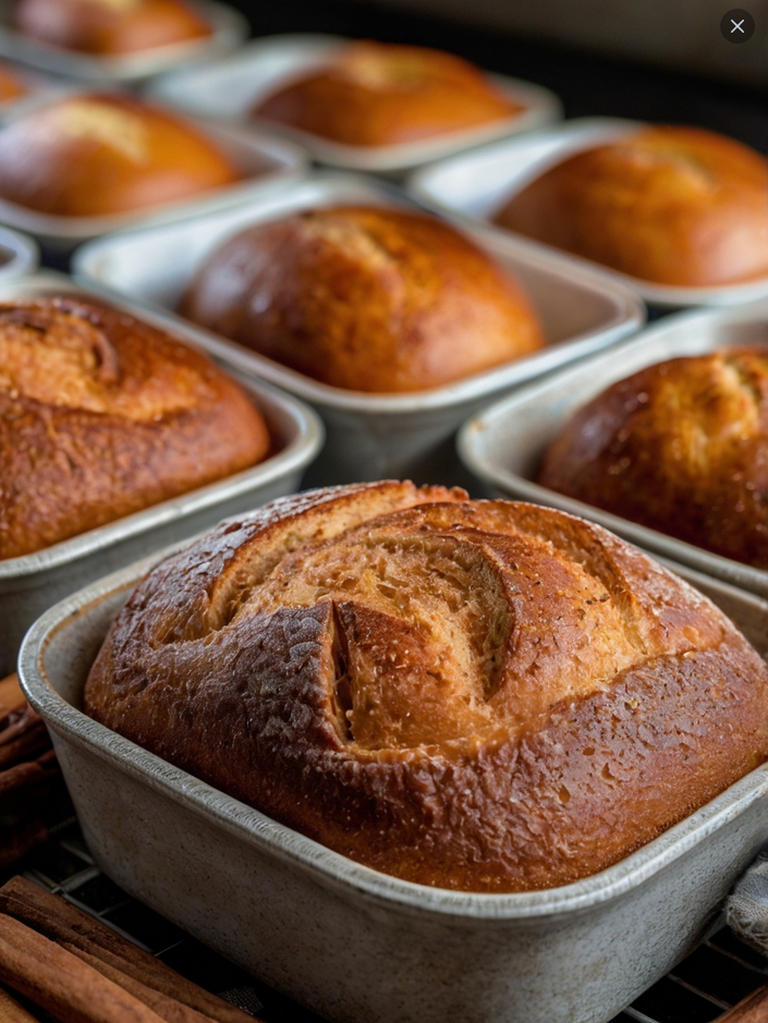 A freshly baked loaf of homemade cinnamon-sugar sweet bread on a wooden cutting board, sliced to show its soft, fluffy interior. The bread is topped with a glistening cinnamon-sugar coating that adds a golden-brown, slightly crunchy texture. Surrounding the loaf are a few cinnamon sticks and a small bowl of sugar, highlighting the bread’s warm, cozy flavors