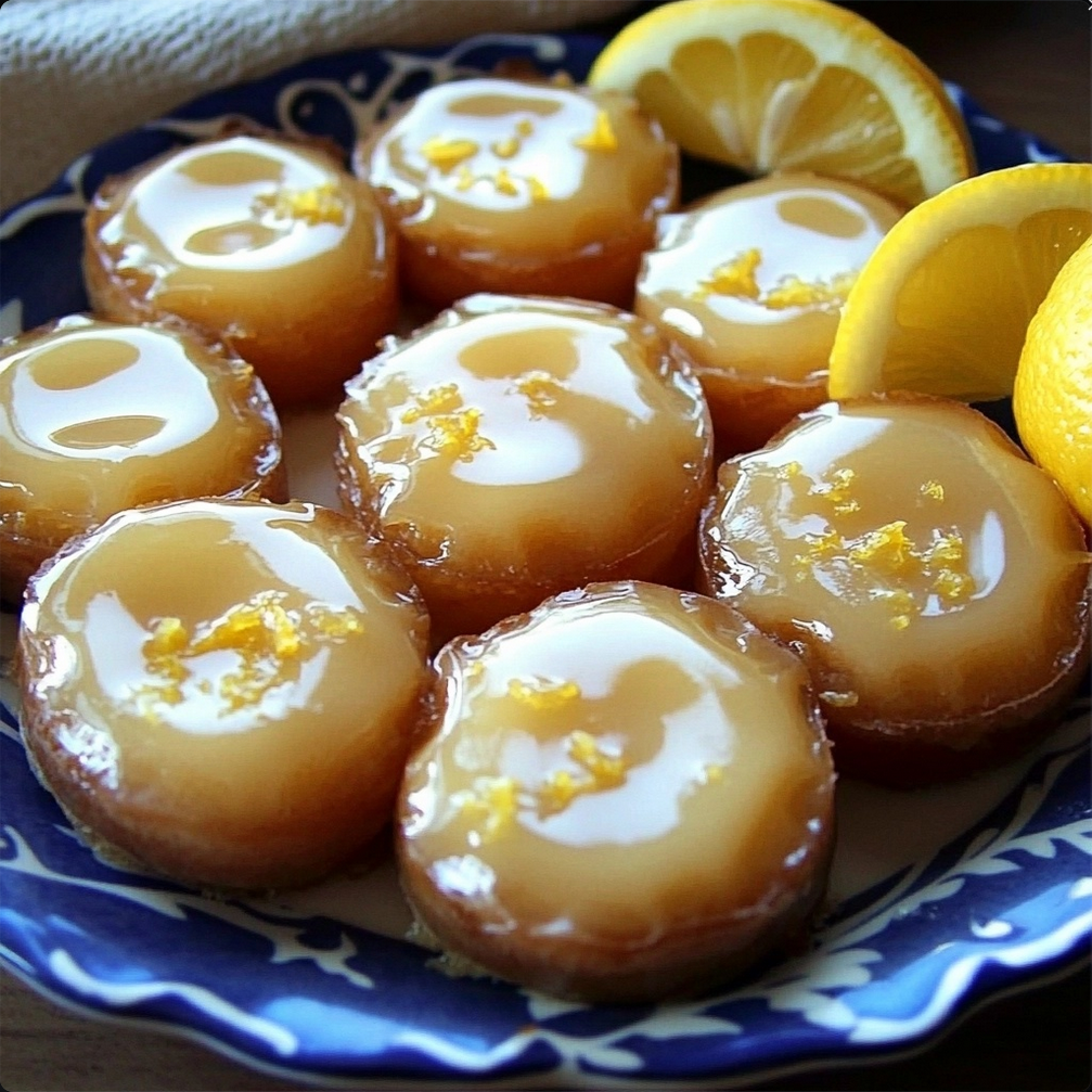 A close-up of a plate of glossy Lemon Blossoms arranged neatly, with a few fresh lemon slices and a sprinkle of lemon zest on the side, capturing their golden color and smooth, shiny glaze