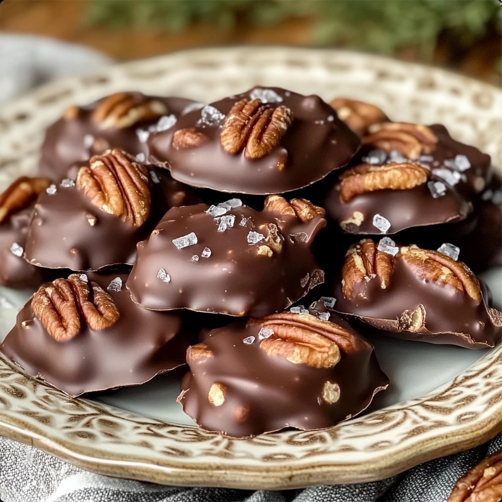 Close-up of homemade Chocolate Pecan Turtle Clusters arranged on a decorative plate, showcasing the glossy chocolate coating, caramel, and toasted pecans with a sprinkle of sea salt for an elegant finish