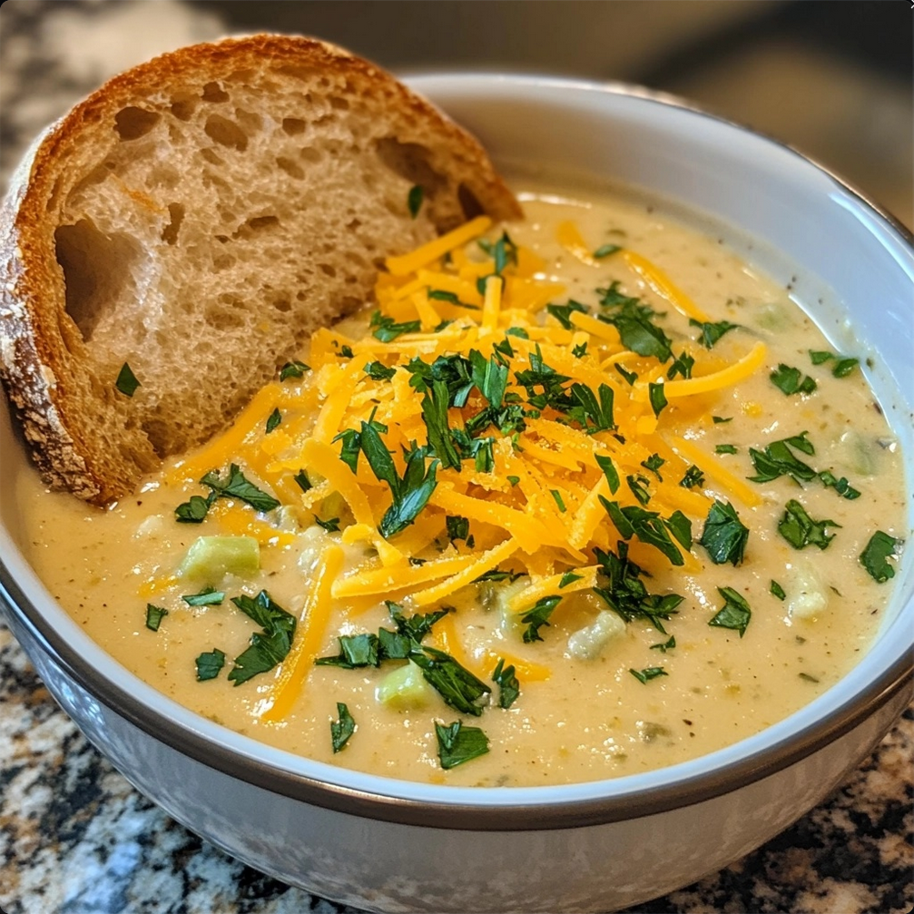 A bowl of creamy cauliflower, leek, and cheddar soup topped with freshly shredded cheddar and garnished with parsley, accompanied by a slice of rustic bread