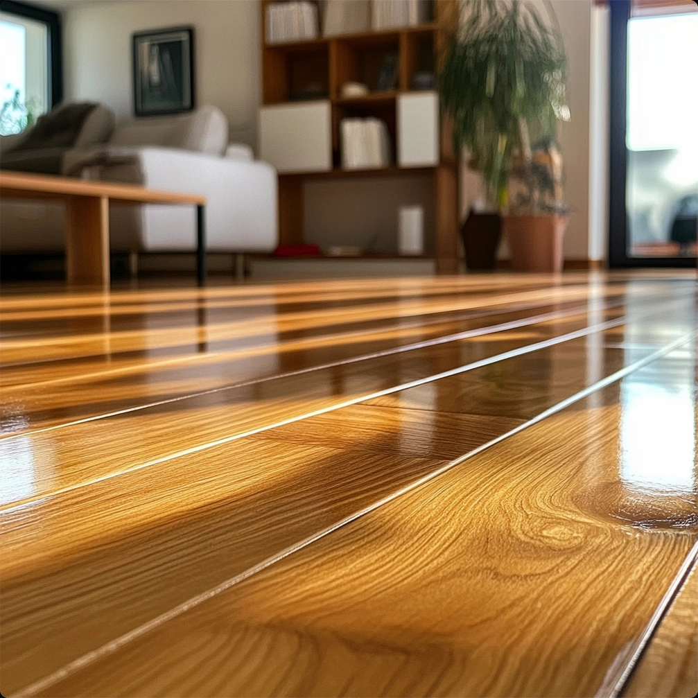 A clean, shiny wooden floor after using a homemade dust-resistant cleaning solution with household ingredients