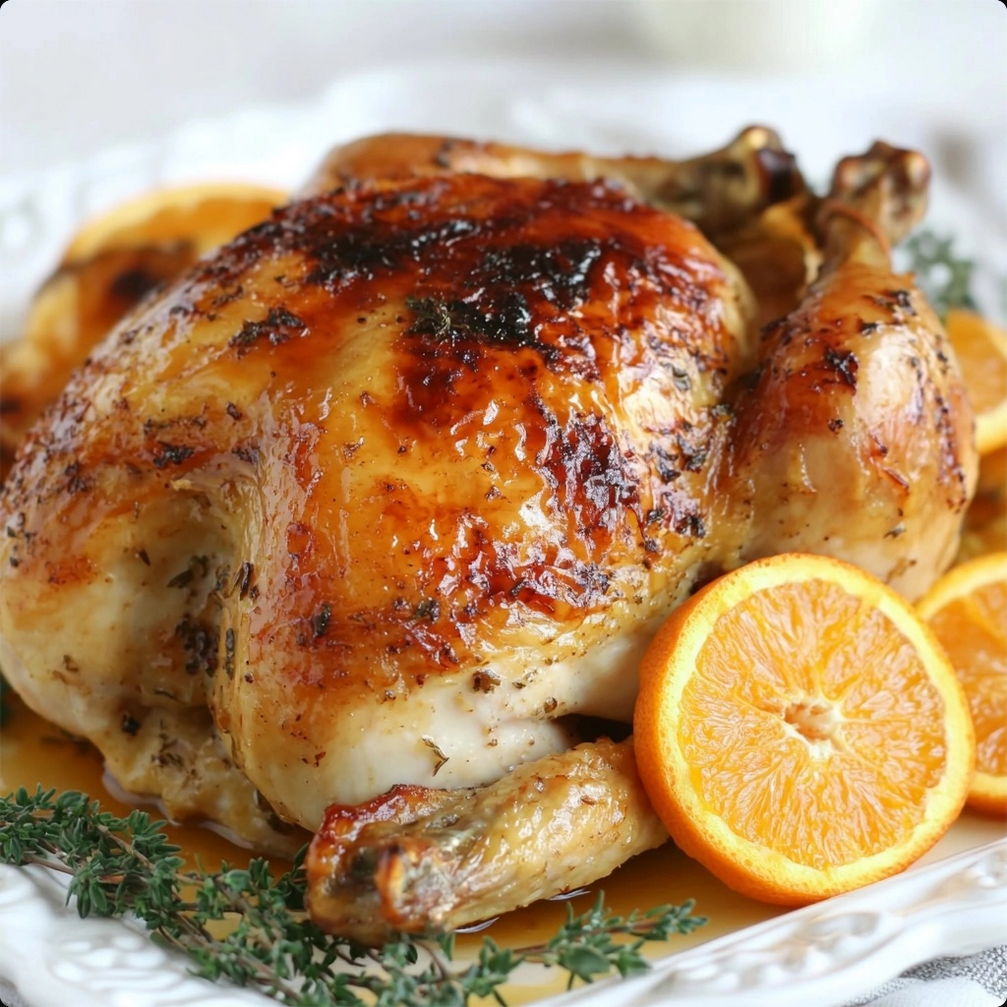 uicy Orange Glazed Roast Chicken on a serving tray, garnished with orange slices and herbs, showcasing a succulent golden-brown crust