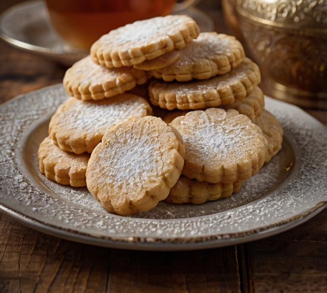 Golden-brown shortbread cookies arranged elegantly on a rustic plate, sprinkled with powdered sugar, paired with a warm cup of tea, set against a serene background