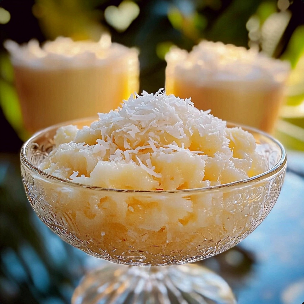 Lush coconut dessert in a clear bowl, topped with a sprinkle of fresh grated coconut, set against a tropical-themed backdrop, highlighting the dessert's creamy texture and inviting aroma