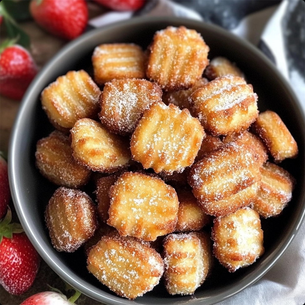 beautifully arranged plate of these churro bites, dusted with cinnamon and surrounded by a few whole oyster crackers