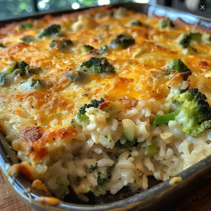 A cozy family setting with a large dish of the golden-browned chicken and broccoli casserole on a dining table, surrounded by a vibrant salad and glasses of water, depicting a wholesome and nutritious meal time