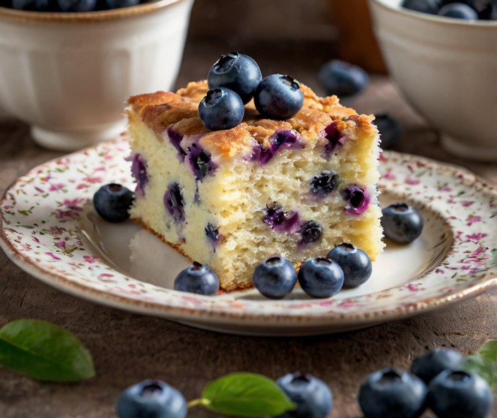 A beautifully styled photograph of a slice of Buttermilk Blueberry Breakfast Cake on a rustic plate with a background of fresh blueberries scattered around, suggesting freshness and homemade appeal