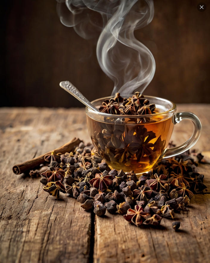 An image depicting a handful of cloves spilled over a rustic wooden table, with a steaming cup of clove tea in the background, evoking a sense of warmth and natural wellness