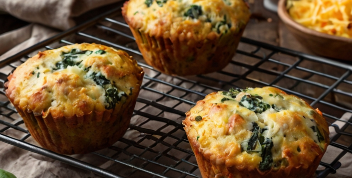 A vibrant photo of freshly baked cheese and vegetable muffins on a cooling rack, surrounded by raw ingredients like spinach, eggs, cheese, and spices, capturing the freshness and homemade quality of the dish