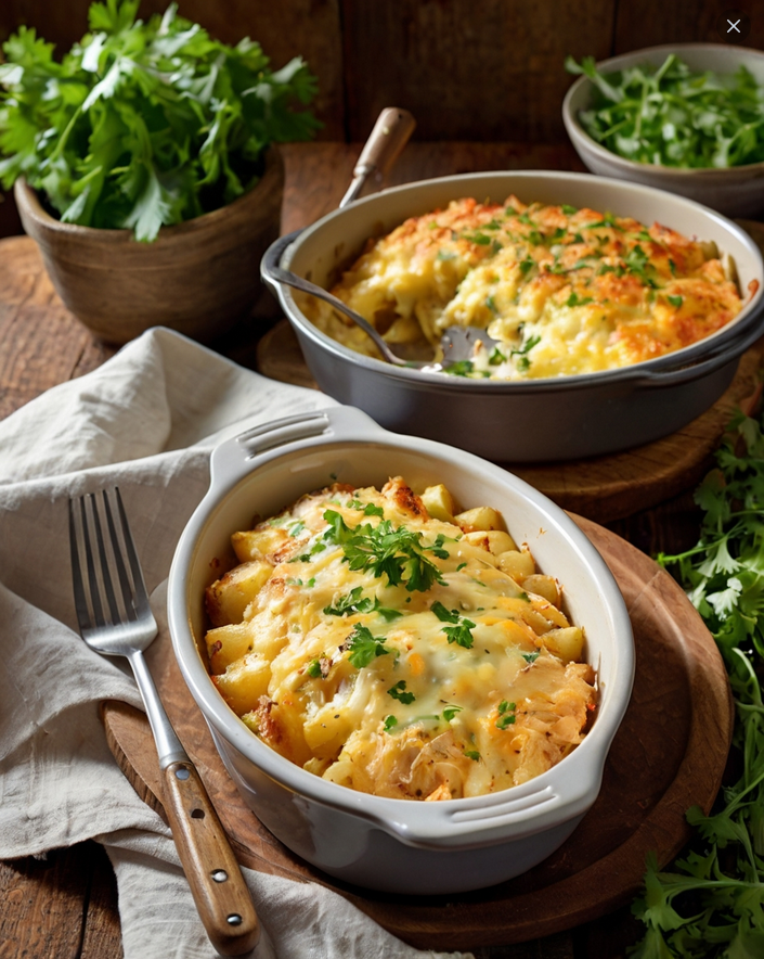 A rustic casserole dish filled with bubbling layers of golden, cheesy potatoes and savory chicken, garnished with freshly chopped parsley. Surround the dish with a side of fresh green salad and crusty garlic bread for a cozy, appetizing presentation.