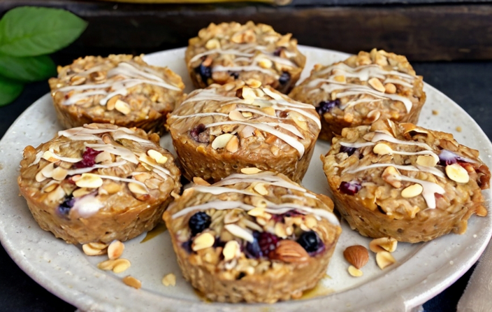 A close-up of the baked oatmeal in a rustic baking dish, topped with fresh berries, chopped nuts, and a drizzle of honey. Surround the dish with a wooden spoon, a glass of almond milk, and a plate of fresh fruit to highlight its nutritious appeal.