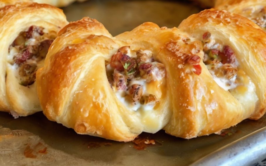 A beautifully baked crescent ring, golden brown and arranged on a festive platter. The savory version is garnished with fresh herbs and served with a side of marinara sauce, while the sweet version is dusted with powdered sugar and topped with vibrant red strawberries.