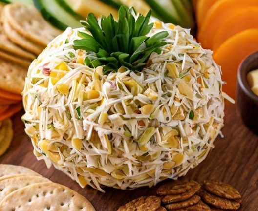 A beautifully plated Pineapple Cheese Ball in the center of a wooden charcuterie board surrounded by crackers, fresh vegetable sticks (carrots, celery, and cucumbers), and a small garnish of fresh parsley. The cheese ball should look golden with a nutty coating and creamy texture peeking through.