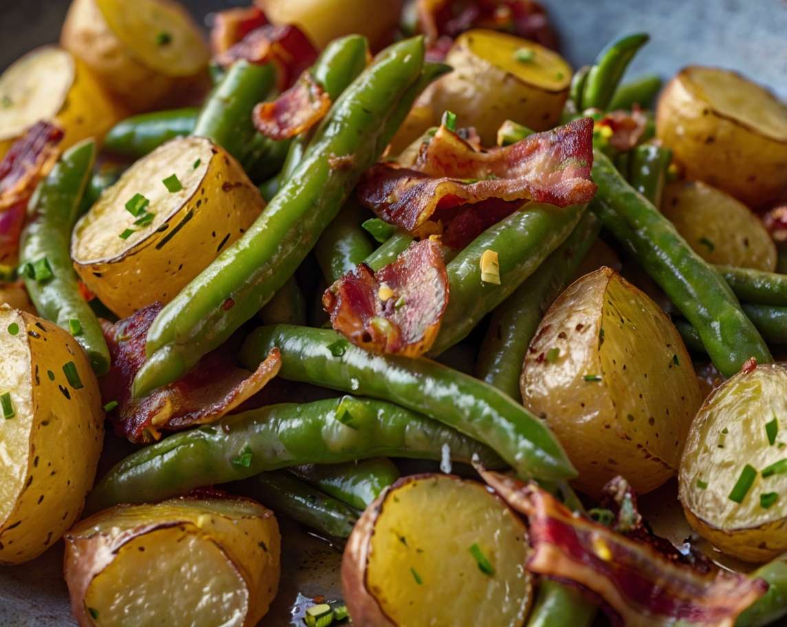 A beautifully plated dish of Country Ranch Green Beans and Potatoes with Bacon, showcasing vibrant green beans, golden potatoes, and crispy bacon pieces, garnished with fresh thyme sprigs for a rustic, homey presentation.